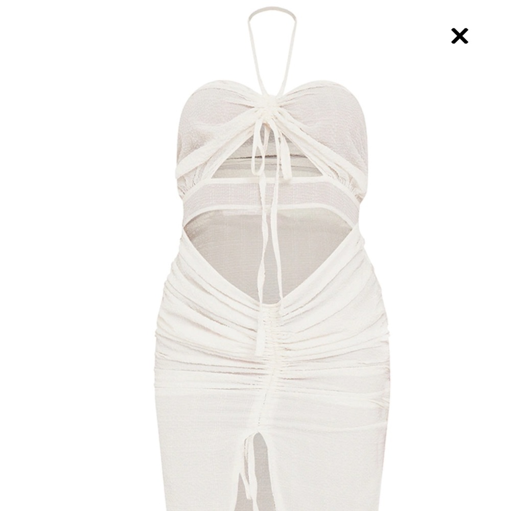 Pretty little thing white textured bandeau cut out ruched midi dress